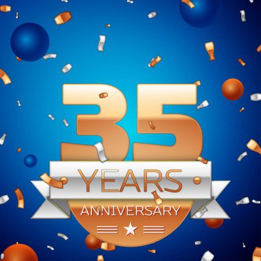 Gerçekçi otuz beş yıl yıldönümü kutlama tasarım. Golden numaraları ve gümüş şerit, mavi zemin üzerine konfeti. Doğum günü partin için renkli vektör şablon öğeleri. Yıldönümü şerit