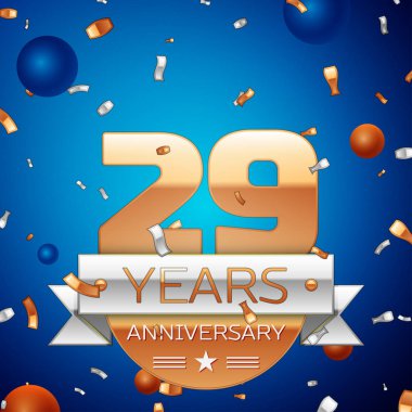 Gerçekçi yirmi dokuz yıl yıldönümü kutlama tasarım. Golden numaraları ve gümüş şerit, mavi zemin üzerine konfeti. Doğum günü partin için renkli vektör şablon öğeleri. Yıldönümü şerit