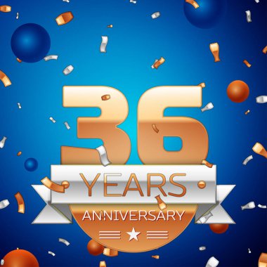Gerçekçi otuz altı yıl yıldönümü kutlama tasarım. Golden numaraları ve gümüş şerit, mavi zemin üzerine konfeti. Doğum günü partin için renkli vektör şablon öğeleri. Yıldönümü şerit