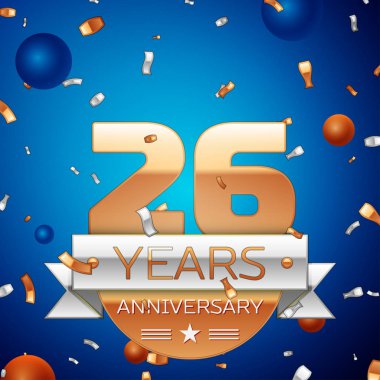 Gerçekçi yirmi altı yıl yıldönümü kutlama tasarım. Golden numaraları ve gümüş şerit, mavi zemin üzerine konfeti. Doğum günü partin için renkli vektör şablon öğeleri. Yıldönümü şerit