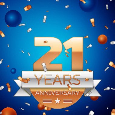 Gerçekçi yirmi bir yıl yıldönümü kutlama tasarım. Golden numaraları ve gümüş şerit, mavi zemin üzerine konfeti. Doğum günü partin için renkli vektör şablon öğeleri. Yıldönümü şerit