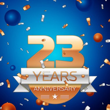 Gerçekçi yirmi üç yıl yıldönümü kutlama tasarım. Golden numaraları ve gümüş şerit, mavi zemin üzerine konfeti. Doğum günü partin için renkli vektör şablon öğeleri.
