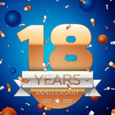 Gerçekçi on sekiz yıl yıldönümü kutlama tasarım. Golden numaraları ve gümüş şerit, mavi zemin üzerine konfeti. Doğum günü partin için renkli vektör şablon öğeleri. Yıldönümü şerit