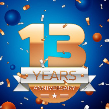 Gerçekçi on üç yıl yıldönümü kutlama tasarım. Golden numaraları ve gümüş şerit, mavi zemin üzerine konfeti. Doğum günü partin için renkli vektör şablon öğeleri. Yıldönümü şerit