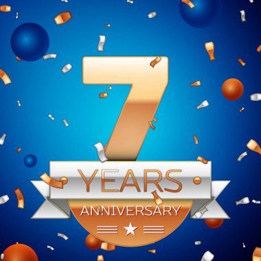 Gerçekçi yedi yıl yıldönümü kutlama tasarım. Golden numaraları ve gümüş şerit, mavi zemin üzerine konfeti. Doğum günü partin için renkli vektör şablon öğeleri. Yıldönümü şerit