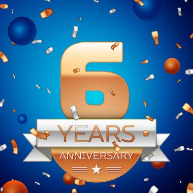 Gerçekçi altı yıl yıldönümü kutlama tasarım. Golden numaraları ve gümüş şerit, mavi zemin üzerine konfeti. Doğum günü partin için renkli vektör şablon öğeleri. Yıldönümü şerit
