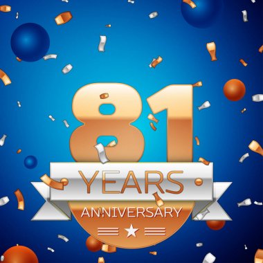 Gerçekçi seksen bir yıl yıldönümü kutlama tasarım. Golden numaraları ve gümüş şerit, mavi zemin üzerine konfeti. Doğum günü partin için renkli vektör şablon öğeleri