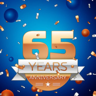 Gerçekçi altmış beş yıl yıldönümü kutlama tasarım. Golden numaraları ve gümüş şerit, mavi zemin üzerine konfeti. Doğum günü partin için renkli vektör şablon öğeleri