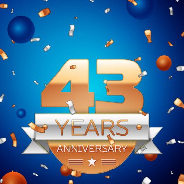 Gerçekçi kırk üç yıl yıldönümü kutlama tasarım. Golden numaraları ve gümüş şerit, mavi zemin üzerine konfeti. Doğum günü partin için renkli vektör şablon öğeleri