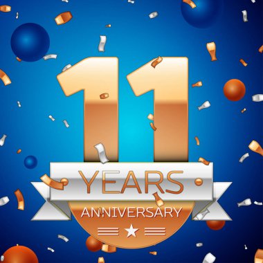 Gerçekçi on bir yıl yıldönümü kutlama tasarım. Golden numaraları ve gümüş şerit, mavi zemin üzerine konfeti. Doğum günü partin için renkli vektör şablon öğeleri. Yıldönümü şerit