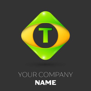 Gerçekçi mektup T vektör logo simge siyah arka plan üzerinde renkli rhombus. Tasarımınız için vektör şablonu