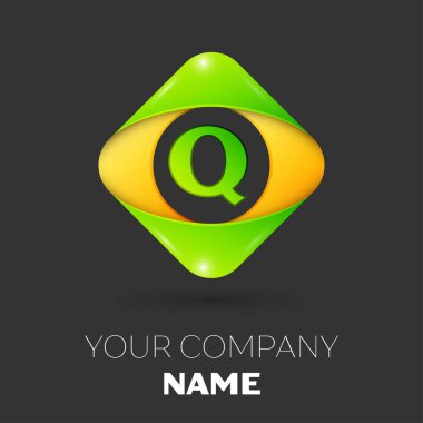 Gerçekçi harf Q vektör logo simge siyah arka plan üzerinde renkli rhombus. Tasarımınız için vektör şablonu