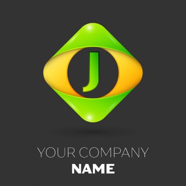 Gerçekçi harf J vektör logo simge siyah arka plan üzerinde renkli rhombus. Tasarımınız için vektör şablonu