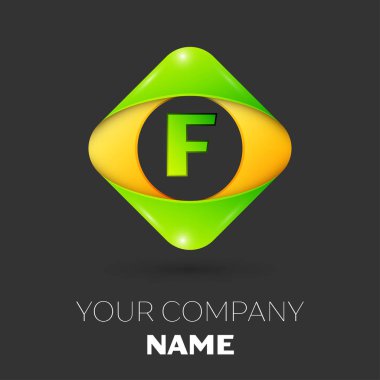 Gerçekçi harfi F vektör logo simge siyah arka plan üzerinde renkli rhombus. Tasarımınız için vektör şablonu