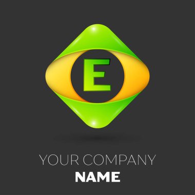 Gerçekçi harf E vektör logo simge siyah arka plan üzerinde renkli rhombus. Tasarımınız için vektör şablonu