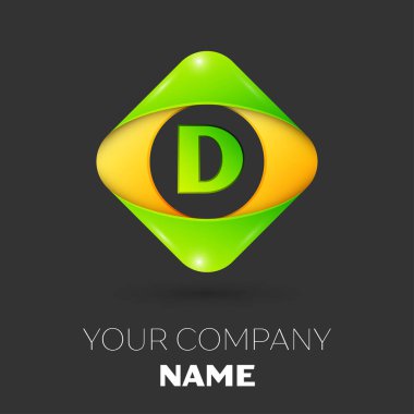 Gerçekçi mektup D vektör logo simge siyah arka plan üzerinde renkli rhombus. Tasarımınız için vektör şablonu