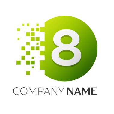 Gerçekçi sayısı sekiz vektör logo sembol ile beyaz arka plan üzerinde paramparça blok renkli daire içinde. Piksel hareket. Tasarımınız için vektör şablonu