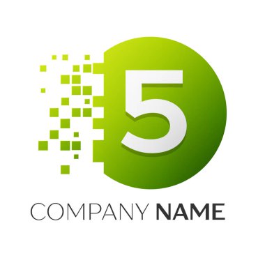 Gerçekçi beş numaralı vektör logo sembol ile beyaz arka plan üzerinde paramparça blok renkli daire içinde. Piksel hareket. Tasarımınız için vektör şablonu