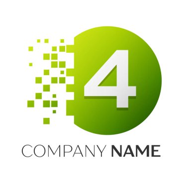 Gerçekçi dördüncü vektör logo sembol ile beyaz arka plan üzerinde paramparça blok renkli daire içinde. Piksel hareket. Tasarımınız için vektör şablonu