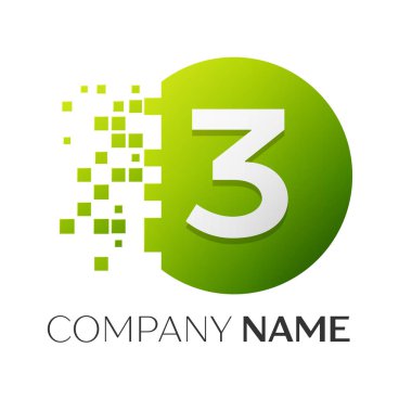 Gerçekçi üç numaralı vektör logo sembol ile beyaz arka plan üzerinde paramparça blok renkli daire içinde. Piksel hareket. Tasarımınız için vektör şablonu