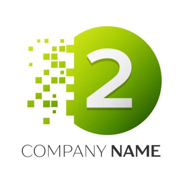 Gerçekçi iki numaralı vektör logo sembol ile beyaz arka plan üzerinde paramparça blok renkli daire içinde. Piksel hareket. Tasarımınız için vektör şablonu