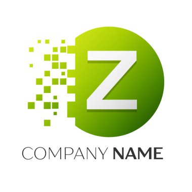 Gerçekçi harf Z vektör logo sembol ile beyaz arka plan üzerinde paramparça blok renkli daire içinde. Piksel hareket. Tasarımınız için vektör şablonu