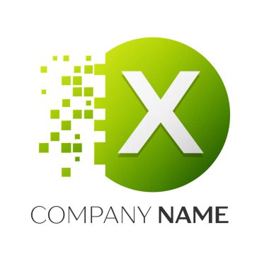 Gerçekçi harf X vektör logo sembol ile beyaz arka plan üzerinde paramparça blok renkli daire içinde. Piksel hareket. Tasarımınız için vektör şablonu