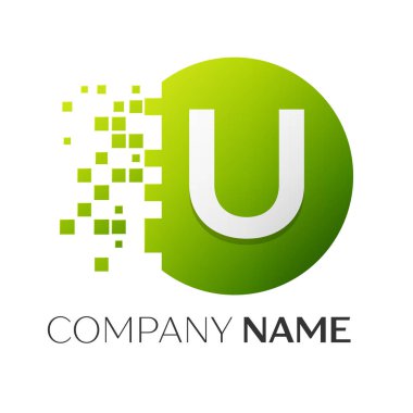 Gerçekçi harf U vektör logo sembol ile beyaz arka plan üzerinde paramparça blok renkli daire içinde. Piksel hareket. Tasarımınız için vektör şablonu
