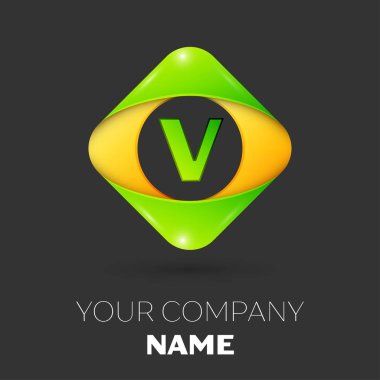 Gerçekçi harf V vektör logo simge siyah arka plan üzerinde renkli rhombus. Tasarımınız için vektör şablonu