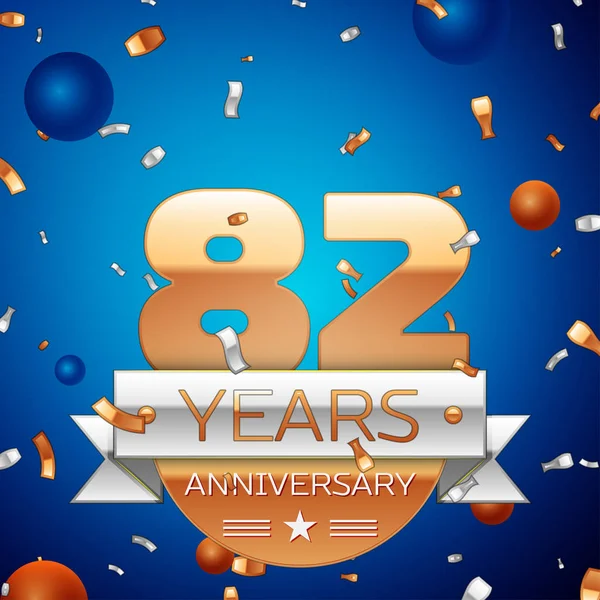 Gerçekçi seksen iki yıl yıldönümü kutlama tasarım. Golden numaraları ve gümüş şerit, mavi zemin üzerine konfeti. Doğum günü partin için renkli vektör şablon öğeleri