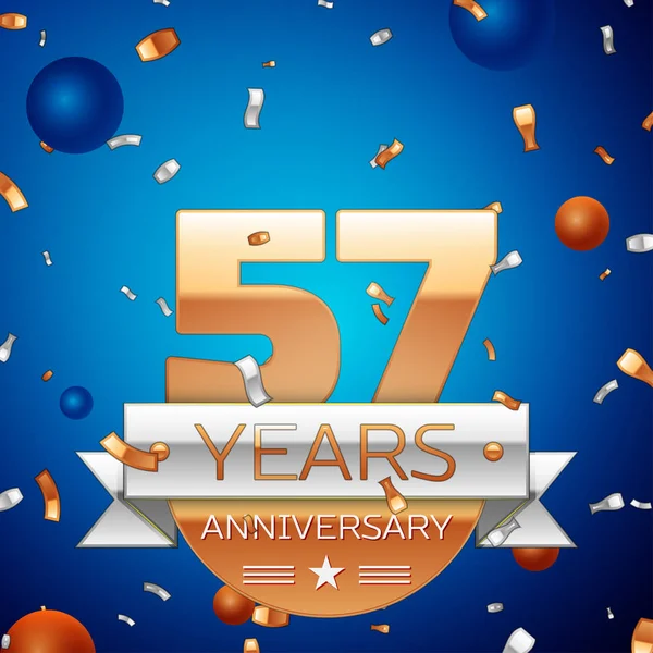 Realistic Fifty seven Years Anniversary Celebration Design (en inglés). Números dorados y cinta plateada, confeti sobre fondo azul. Coloridos elementos de plantilla Vector para su fiesta de cumpleaños — Vector de stock