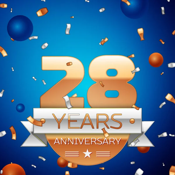 Gerçekçi yirmi sekiz yıl yıldönümü kutlama tasarım. Golden numaraları ve gümüş şerit, mavi zemin üzerine konfeti. Doğum günü partin için renkli vektör şablon öğeleri