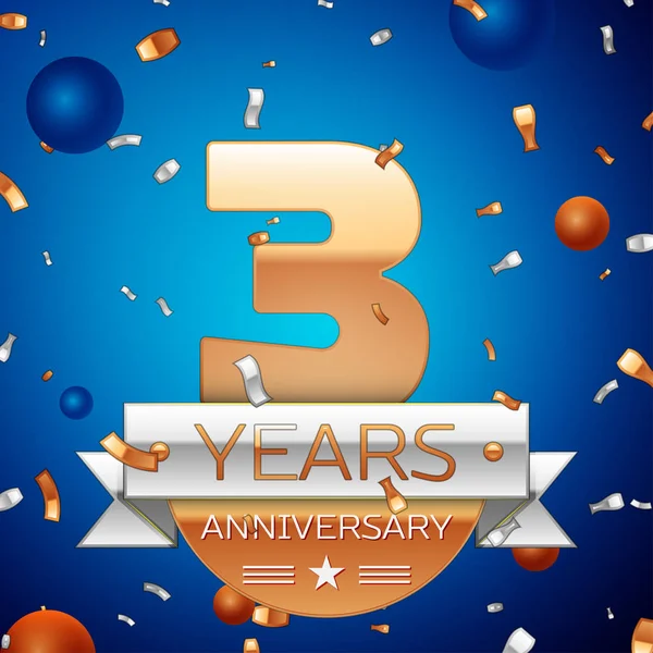 Gerçekçi üç yıl yıldönümü kutlama tasarım. Golden numaraları ve gümüş şerit, mavi zemin üzerine konfeti. Doğum günü partin için renkli vektör şablon öğeleri. Yıldönümü şerit
