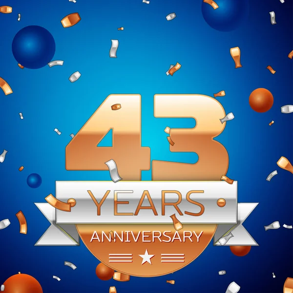 Gerçekçi kırk üç yıl yıldönümü kutlama tasarım. Golden numaraları ve gümüş şerit, mavi zemin üzerine konfeti. Doğum günü partin için renkli vektör şablon öğeleri