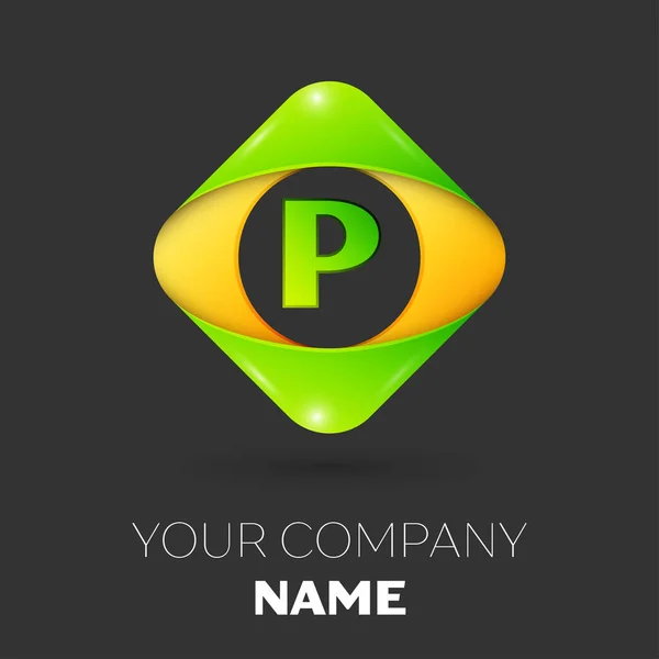Realistiska bokstaven P vektor logotypen symbol i färgglada romben på svart bakgrund. Vector mall för din design — Stock vektor