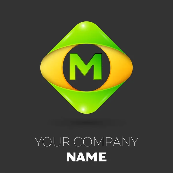Realistické velké písmeno M vektorové logo symbol v barevné rhombus na černém pozadí. Vektor šablona pro návrh — Stockový vektor
