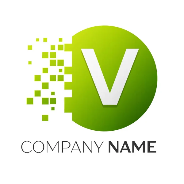 Reális V vektor logo betűjelet a színes kör, összetört blokkok fehér háttér. Pixel mozgás. A design vektor sablon — Stock Vector