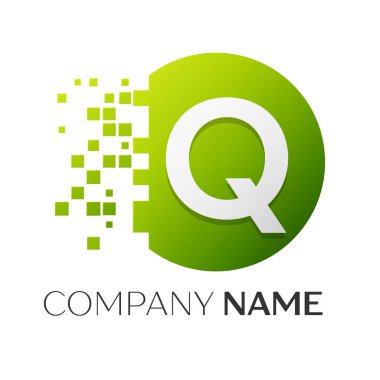 Gerçekçi harf Q vektör logo sembol ile beyaz arka plan üzerinde paramparça blok renkli daire içinde. Piksel hareket. Tasarımınız için vektör şablonu