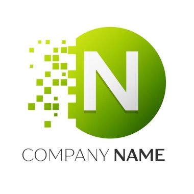 Gerçekçi harf N vektör logo sembol ile beyaz arka plan üzerinde paramparça blok renkli daire içinde. Piksel hareket. Tasarımınız için vektör şablonu