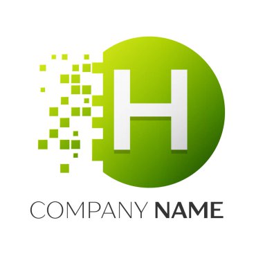 Gerçekçi harfi H vektör logo sembol ile beyaz arka plan üzerinde paramparça blok renkli daire içinde. Piksel hareket. Tasarımınız için vektör şablonu