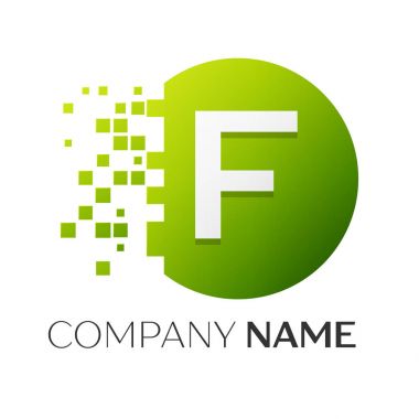 Gerçekçi harf F vektör logo sembol ile beyaz arka plan üzerinde paramparça blok renkli daire içinde. Piksel hareket. Tasarımınız için vektör şablonu