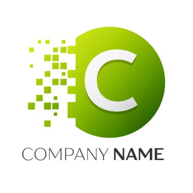 Gerçekçi harf C vektör logo sembol ile beyaz arka plan üzerinde paramparça blok renkli daire içinde. Piksel hareket. Tasarımınız için vektör şablonu