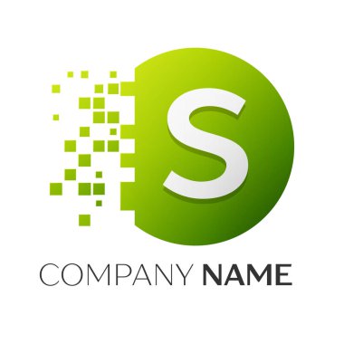 Gerçekçi Harf S vektör logo sembol ile beyaz arka plan üzerinde paramparça blok renkli daire içinde. Piksel hareket. Tasarımınız için vektör şablonu