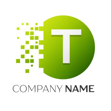 Gerçekçi mektup T vektör logo sembol ile beyaz arka plan üzerinde paramparça blok renkli daire içinde. Piksel hareket. Tasarımınız için vektör şablonu