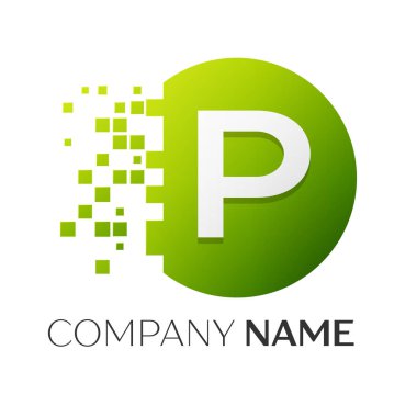 Gerçekçi harf P vektör logo sembol ile beyaz arka plan üzerinde paramparça blok renkli daire içinde. Piksel hareket. Tasarımınız için vektör şablonu