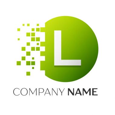 Gerçekçi harf L vektör logo sembol ile beyaz arka plan üzerinde paramparça blok renkli daire içinde. Piksel hareket. Tasarımınız için vektör şablonu