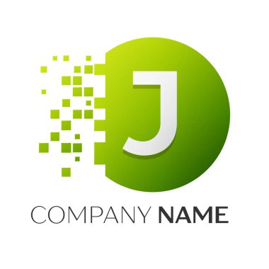 Gerçekçi harf J vektör logo sembol ile beyaz arka plan üzerinde paramparça blok renkli daire içinde. Piksel hareket. Tasarımınız için vektör şablonu