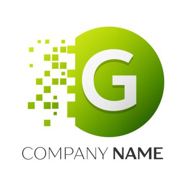Gerçekçi harf G vektör logo sembol ile beyaz arka plan üzerinde paramparça blok renkli daire içinde. Piksel hareket. Tasarımınız için vektör şablonu