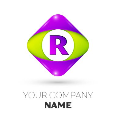 Gerçekçi harf R vektör logo simge beyaz arka plan üzerinde renkli rhombus. Tasarımınız için vektör şablonu