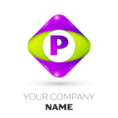 Gerçekçi mektup P beyaz arka plan üzerinde renkli rhombus logo simge vektör. Tasarımınız için vektör şablonu